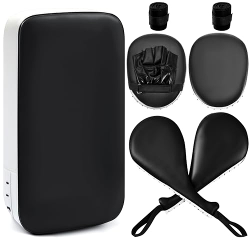 Poen 7 in 1 Taekwondo Kick Pad Boxing Training Equipment Punching Mitts Martial Arts Wrist Band Adjustable Soft Pads Set for Karate Muay Thai MMA Training - color: Black,White