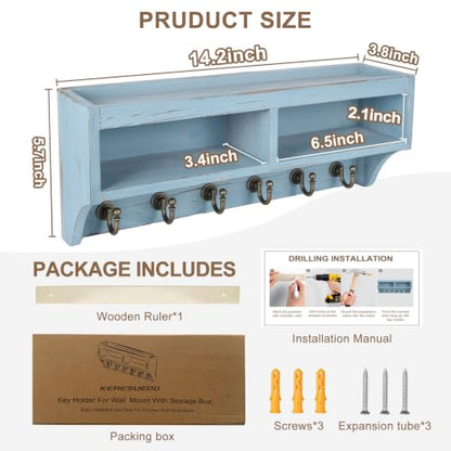 Key Holder Wall Mount with Mail Organizer, 6 Hooks & Shelf, Blue - color: Blue