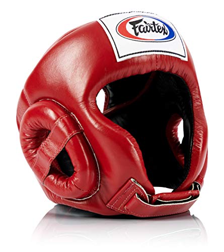 Fairtex HG6 Full Head Guard, Muay Thai Sparring Helmet Protective Headgear | Handcrafted 3-layer padding shell. Lightweight sleek construction shields against elbows during high-intensity ring session - color: Red, size: Medium