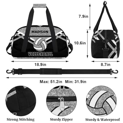 Custom Name Sports Volleyball Duffel Bag, Silver Black Glitters | Personalized Sport Gym Duffel Cheerleading Bag Travel Weekender Tote Carry-On Bag - color: Silver Black