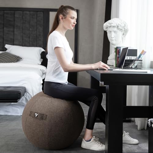 Sitting Ball Chair for Office and Home, Pilates Exercise Yoga Ball with Cover for Balance, Stability and Fitness, Ergonomic Posture Exercise Ball Seat with Handle and Pump - color: Gold brown