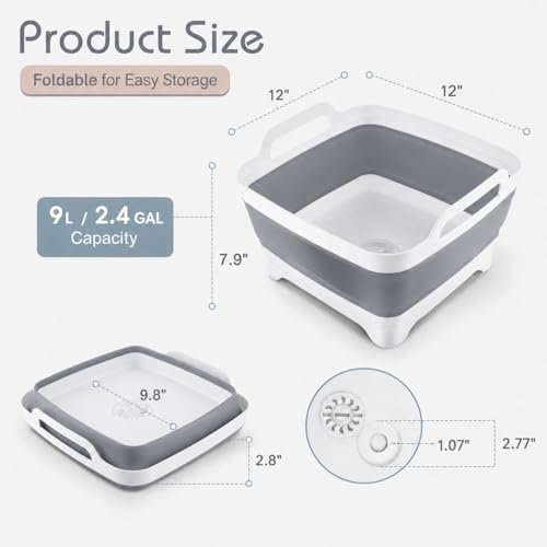 2.4 Gal(9L) Collapsible Dish Basin with Drain Plug, Space Saving Outdoor Multiuse Foldable Sink Tub, Dishpan, Kitchen Storage Tray for Camping, Vegetable Washing, RV (Gray) - color: Gray