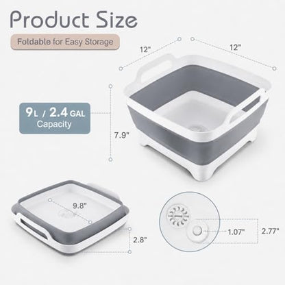 2.4 Gal(9L) Collapsible Dish Basin with Drain Plug, Space Saving Outdoor Multiuse Foldable Sink Tub, Dishpan, Kitchen Storage Tray for Camping, Vegetable Washing, RV (Gray) - color: Gray