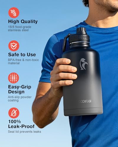 Coolflask Half Gallon Water Bottle Insulated with Straw & 3 Leakproof Lids - color: Piano Night, size: 64 Ounces