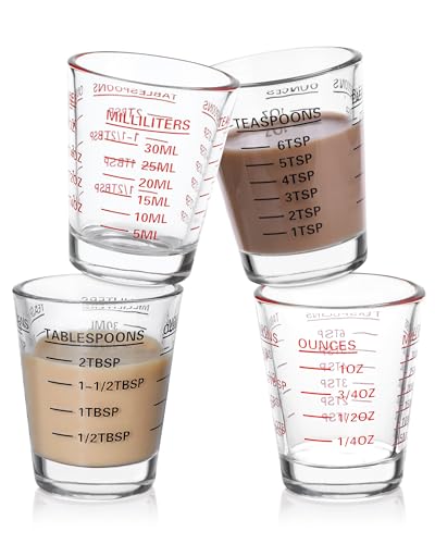 Shot Glasses Measuring Cup Set 4PACK Espresso Shot Glasses Liquid Heavy Glass 26-Incremental Measurement 1 OZ, 2 TBS, 6 TSP, 30 ML Kitchen Tools (RED&Black) - color: 4 Pack-2Red+2Balck