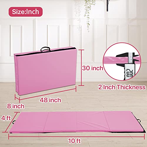 Gymnastics Mat Exercise Mat Tumbling Mats for Home Gym, Folding Portable 4'x10'x2" Extra Thick Crash Panel Mat with Carrying Handles for Kids Adults - color: Pink