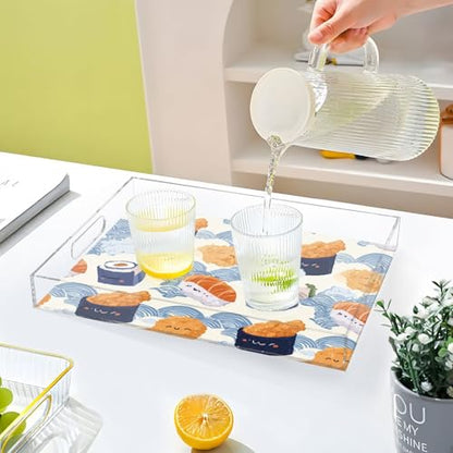 Acrylic Tray Clear Serving Vanity Ottoman Bathroom Coffee Table Countertop Organizer Raised Edge Spill Proof Cute Sushi and Blue Waves - color: Cute Sushi and Blue Waves