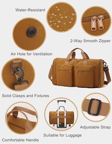 ZUEVI Gym Duffel Bag for Men Women with Shoe and Wet Compartment Lightweight Foldable Carry On Sports Travel Bag for Training Yoga Weekender(Brown) - color: Brown