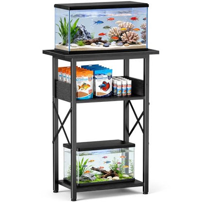 10 Gallon Fish Tank Stand with Storage Shelves, 3-Tier Aquarium Stand with Rust-Proof Metal Frame, Heavy Duty Waterproof Reptile Turtle Tank Stand for Home Office Up to 150LBS, 21.5" L x 11.5" W x 30" H, Black
