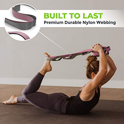 Stretching Strap for Physical Therapy, 12 Multi-Loop Stretch Strap 1.5" W x 8' L, Neoprene Handles, Physical Therapy Equipment, Yoga Straps for Stretching, Leg Stretcher. - color: Pink/Grey