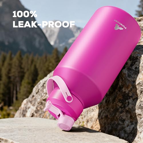 POWCAN 64 oz Insulated Metal Water Bottle for Women: 2-in-1 Straw & Spout Lid, Keep Cold 48H, Leakproof, Carrier Bag, Half Gallon Stainless Steel Water Bottle for Sports, Travel, and Fitness (Peony) - color: Peony