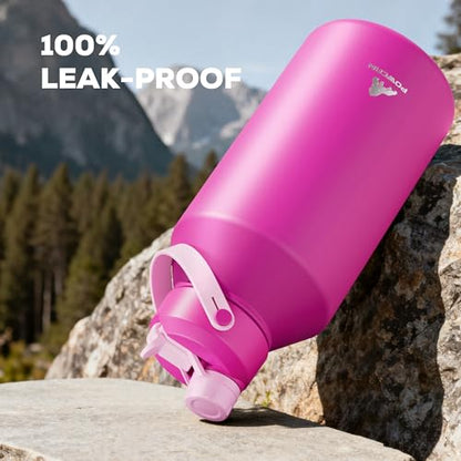 POWCAN 64 oz Insulated Metal Water Bottle for Women: 2-in-1 Straw & Spout Lid, Keep Cold 48H, Leakproof, Carrier Bag, Half Gallon Stainless Steel Water Bottle for Sports, Travel, and Fitness (Peony) - color: Peony