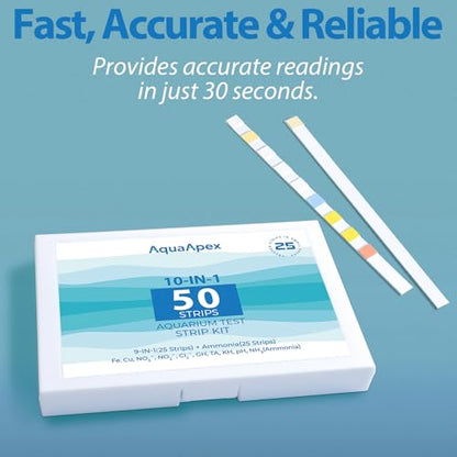 10-in-1 Ammonia Test kit Aquarium (25 Multi-Test + 25 Ammonia Strips) for Freshwater & Saltwater | Aquarium Test Strips for Fish Tank,Ponds | Test Nitrate,Nitrite,Hardness,pH & More. - size: 10-1 50 Strips