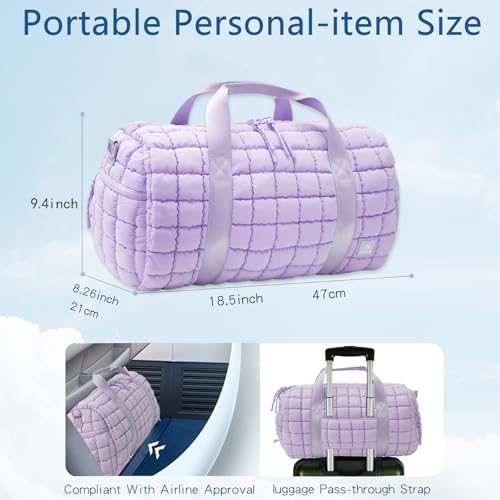 Quilted Gym Bag for Women,Duffle Bag for Travel with Wet Pocket,Carry on Weekender Bags for Women,Travel Bag with Shoe Compartment (Light purple) - color: Light purple