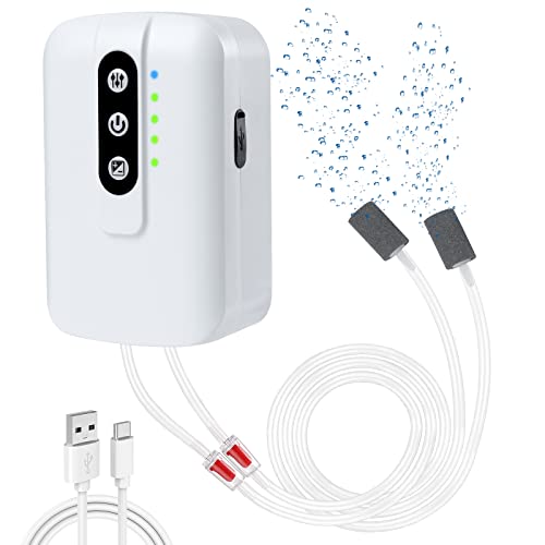 Rechargeable Aquarium Air Pump, Dual Outlet Fish Aerator, 2W Quiet Adjustable Aquarium Bubbler for 120 Gallon Fish Tank, Ideal for Outdoor Fishing, Fish Transportation, Power Outages