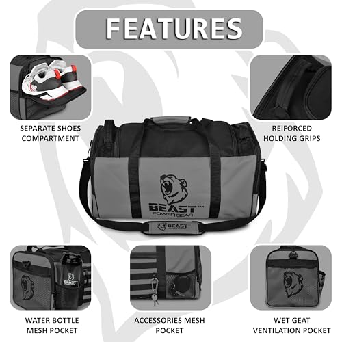 Gym Duffle Bag, Gray/Black | Workout, Boxing, MMA, Sports Bag, Shoes Compartment, Adjustable Shoulder Strap, For Men and Women - color: Gray/Black