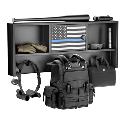Police Gear Rack - Police Hanger with Hooks, Black Tactical Duty Gear Rack with Thin Blue Line Flag, Lock Safe, Vest Hanger & Belt Hook, Wall Mounted Body Armor Stand Organizer Rack