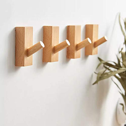 HomeDo Adhesive Wood Wall Hooks, Decorative Coat Hooks Hat Rack, Beech 4P - color: Rectangle-Beech