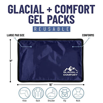 Glacial Comfort Large Gel Ice Pack for Injuries Reusable - (15" x 11") Cold Pads for Back Pain, Hip, Knee, Shoulder, Muscle Strains, Migraine & Postpartum Recovery, Flex Technology - Compression Pad. - size: Large (15" x 11")