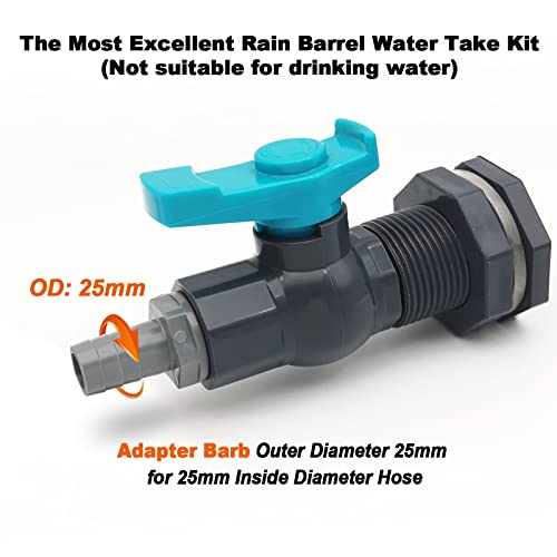 Rain Barrel Spigot PVC Faucet Kit Water Diverter Kit with Bulkhead Fitting, Ball Valve, Garden Hose Barb(25mm) Adapter, Pipe Clamps, Thread Tape, Hole Saw(for 25mm ID Hose)