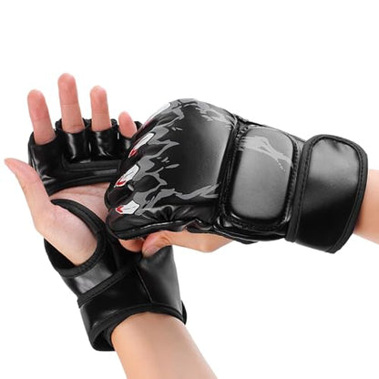 HERCHR MMA Gloves Sparring Hybrid Open Palm Martial Arts Mitts Men Women Leather Wrist Support Sports Boxing Glove Training Muay Thai(Black)
