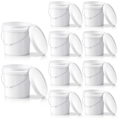 10 Pcs 3.5 Gallon Round Food Grade Bucket with Lid Plastic Buckets Pail with Handle Lid Heavy Duty Buckets for Storing Dry Food Charcoal Camping Fishing(White) - color: White, style: Round