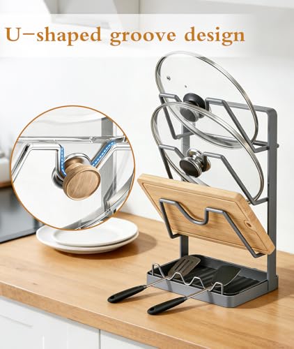 3-Tier Stainless Steel Pot Lid Holder, Grey | Extra Wide U-Shaped, Removable Drip Tray, No Plastic Silver, Fits Lids Up to 12 Inches - color: Grey