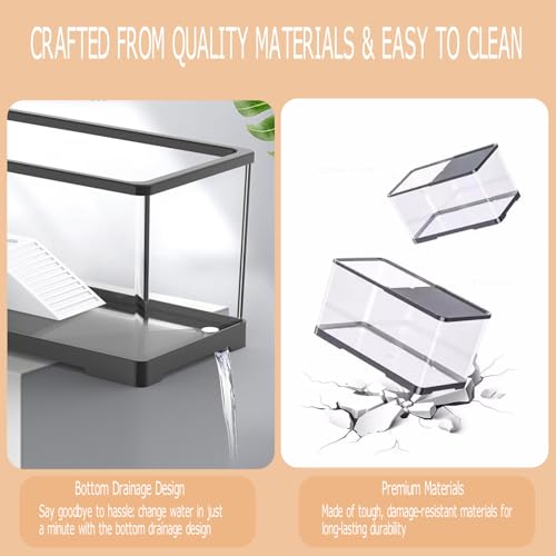 Turtle Tank Starter Kit, Upgraded Aquarium Fish Tank Kit with Filter,Fish Net, Reptile Habitat with Adjustable UV Lamp & Lid,Bask Platform for Crabs,Amphibians,Reptiles.(12"x7.7"x7.2")