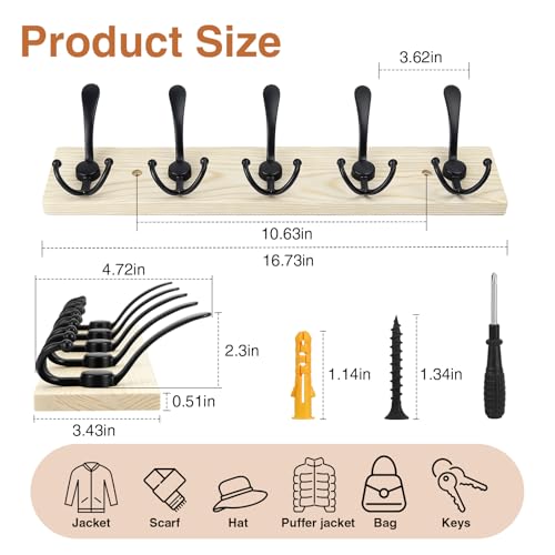 Wooden Coat Rack Wall Mount Heavy Duty, 2 Pack Coat Hanger Wall Mount with 5 Triple Hooks for Clothes, Jacket, Hat, Keys, Space Saving Entryway Organizer for Mudroom (Natural Plate & Black Hooks) - color: Natural Plate & Black Hooks