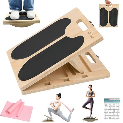 2-in-1 Wooden Slant Board & Balance Board | Adjustable Incline Board for Calf Stretching, Squat Wedge, Ankle Support | Foldable Design | Includes Workout Poster & Resistance Bands