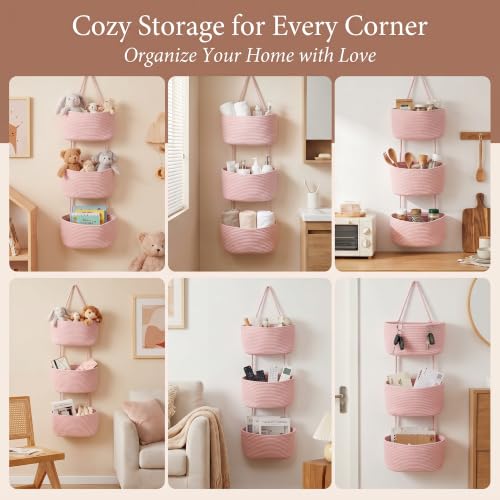 Hanging Basket, Over Door Organizer, 3 -Tier Wall Basket with Hooks | Pink Adjustable Height Cotton Wall Organizer Boho Basket for Nursery Bathroom Living Room Bedroom Kitchen Small Apartment - style: Pink