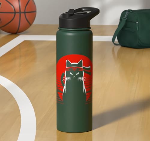 Japanese Cats Lovers And Cool Fighting Ninja Cat Fighter Stainless Steel Insulated Water Bottle - color: Dark Green