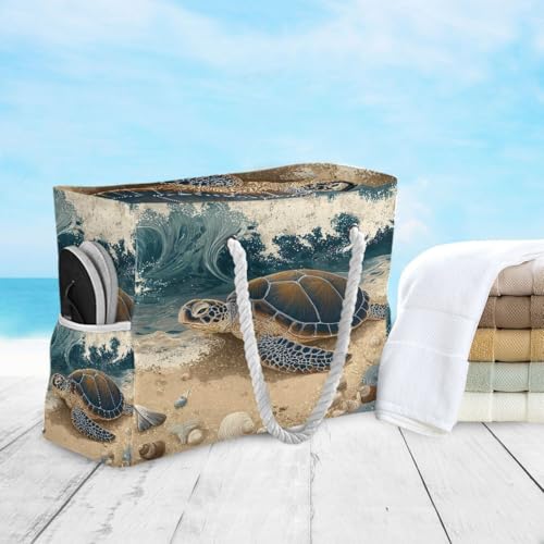 senya Large Beach Bags Totes Canvas Tote Shoulder Bag Soft Wave Water Resistant Bags for Gym Travel Daily Ocean - color: Sea Turtle on Beach