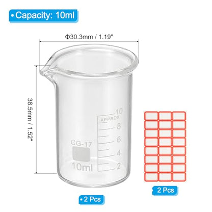 PATIKIL 10ml Glass Beaker, 2 Pack Measuring Glass Beaker Graduated Borosilicate Lab Cups Mug Low Form Heat Safe Transparent with Spout Label for Laboratory Science Kitchen Liquids - size: 10ml