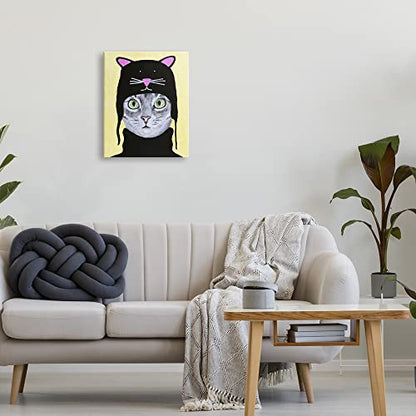 Stupell Industries Adorable Grey Cat Wearing Hat Black Turtleneck Yellow Background, Design by Coco de Paris - size: 16"L x 20"W