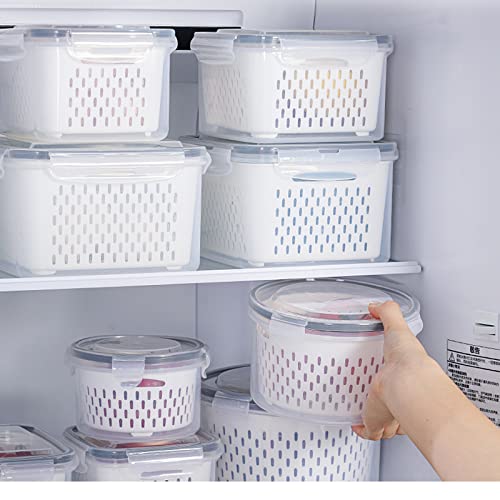 3Pack Fridge Food Storage Container Set with Lids with Strainer, Fruit Vegetable Storage Containers Keep Fruits, Vegetables, Berry, Meat Fresh longer, BPA-Free Plastic Produce Keepers