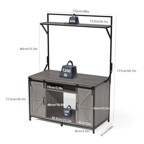 VOWNER Farmhouse Reptile Tank Stand with Power Outlet, 48" X 24" Tabletop Fits up to 120 Gallon Bearded Dragon Tank, Heavy Duty Aquarium Stand with Storage Cabinet, Reptile Turtle Terrarium Stand Grey