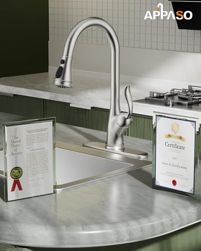 APPASO Patented Brushed Nickel Kitchen Faucet, Lead-Free Single Handle Kitchen Faucet with Pull Down Sprayer for RV Bar Laundry, cUPC-Certified Pull-Out Hose, Water Supplies & Valve - color: Brushed Nickel