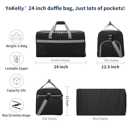 65L Gym Bag for Men, Wet Pocket, Shoe Compartment, 24 inch, Black