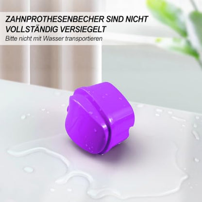 2 Pack Denture Cup Denture Bath Holder Case with Strainer Basket, Dental Retainer Cleaner Case False Teeth Container Denture Bath Soaking Cup with 2 Brushes - Purple and Blue - color: Purple & Blue