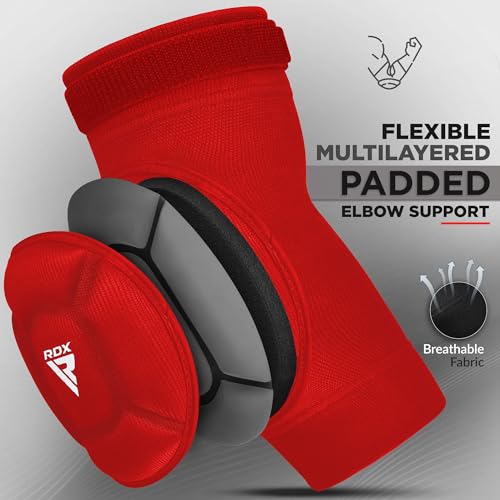 RDX Elbow Pads, Muay Thai MMA Kickboxing Sparring Elbow Guard, Martial Arts Striking Protection,Wrestling Basketball Adjustable MTB Volleyball Compression Padded Sleeve, Men Women - color: Red White, size: Small