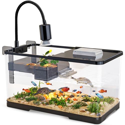 (Tank + Light + Filter + Filter Balls) Turtle Tank Kit, Turtle Tank Starter Kit,Bottom Drainage, Multi-Function Areas for Turtles, Crabs,Fishes, Amphibians,Reptiles. (15.75 x 8.64 x 8.64 Inch) - size: M+Light+Filter+Filter balls