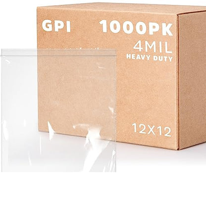 GPI - 1000 Count 12" X 12" Zip Bags, Heavy-Duty 4 Mil Thick, Clear Reclosable Zipper Poly Baggies With Resealable Zip Top Lock For Storage & Packaging, Food, Tools, Sharp Objects, etc. - size: 12" x 12"