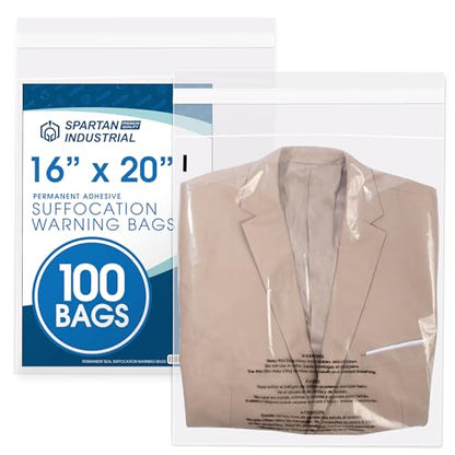 Spartan Industrial - 16" X 20" (100 Count) Self-Seal Clear Poly Bags With Suffocation Warning for Packaging, Blankets, Clothing - Permanent Adhesive - size: 16" X 20"