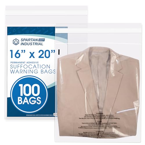 Spartan Industrial - 16" X 20" (100 Count) Self-Seal Clear Poly Bags With Suffocation Warning for Packaging, Blankets, Clothing - Permanent Adhesive - size: 16" X 20"
