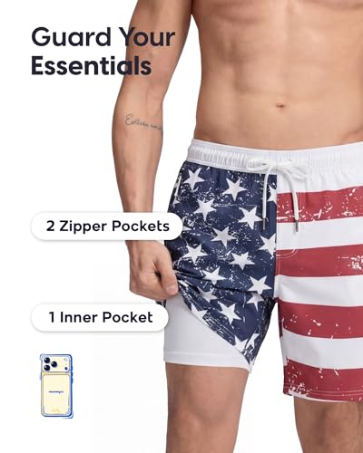maamgic Mens Swim Trunks 9 Inch Compression Liner Quick Dry Board Shorts - color: American Flags Blue, size: Small