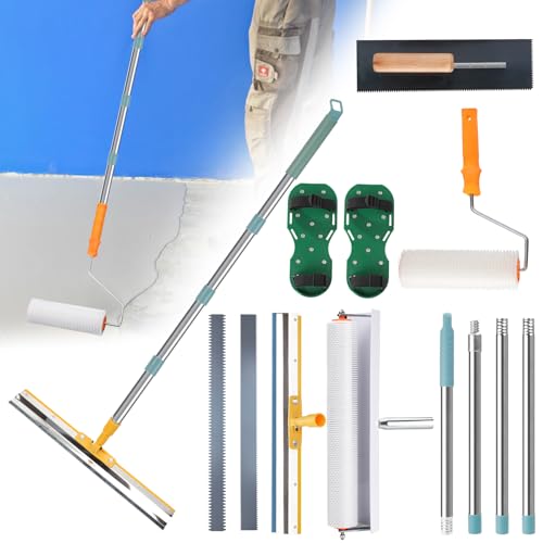 Self Leveling Tool Kits, Floor Rollers With Extensions Stainless Steel Trowels Self Leveling Rakes Shoes With Spikes Epoxy Flooring Tools Cement Concrete Self Leveling Tool Kits (8PCS)