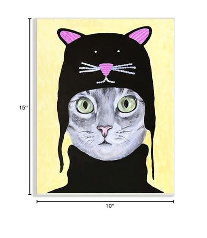 Stupell Industries Adorable Grey Cat Wearing Hat Black Turtleneck Yellow Background, Design by Coco de Paris - size: 10"L x 15"W