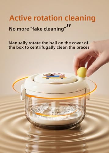 Cute Retainer Cleaner Case with Strainer & Spinning Basket - 3-Layer Orthodontic Denture Bath Box for Aligners/Mouth Guard - Portable Travel Soaking Cup with Removal Tool Storage (Cream/Puppy Design)