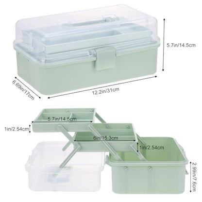 Tackle Box, Craft Organizers and Storage 3-Layer Portable Folding Toolbox, Plastic Tool Box with Handle for Sewing Supplies, Medicine, Art Supplies, Nails and Hair Accessories (Haze Green, 12.5inch)